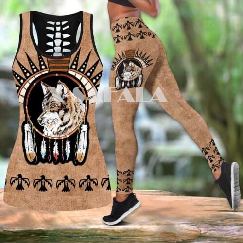 Native Indian Wolf Animal Art Two Piece Yoga Set Women 3D Print Vest Hollow Out Tank Top High Waist Legging Summer Casual Sport1