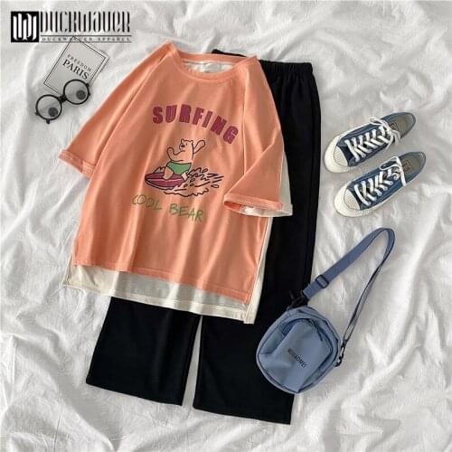 Duckwaver Cartoon Printed Two Piece Sets Women Quality Casual Tops+Elastic Waist Cargo Pants Matching Suits Casual Female Outfit