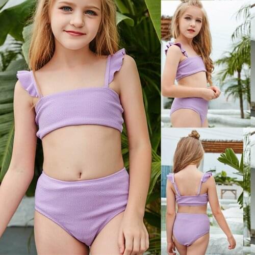 2021 Summer Girls Holiday Cute Solid Pattern Purple Bikini Set Two Piece Swimsuit Bathing Suit Kids Swimwear For Girls