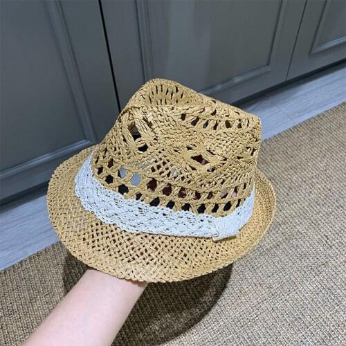 202105-2509344 summer handmade hollow out paper lace ribbon small brim lady fedoras cap women panama jazz hat