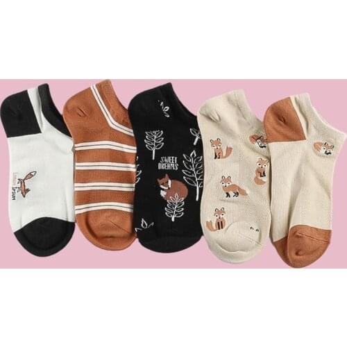 5 Pairs Women Boat Socks Fox Cute Animals Printed Cotton Short Socks Spring Summer Female Casual Funny Invisible Socks