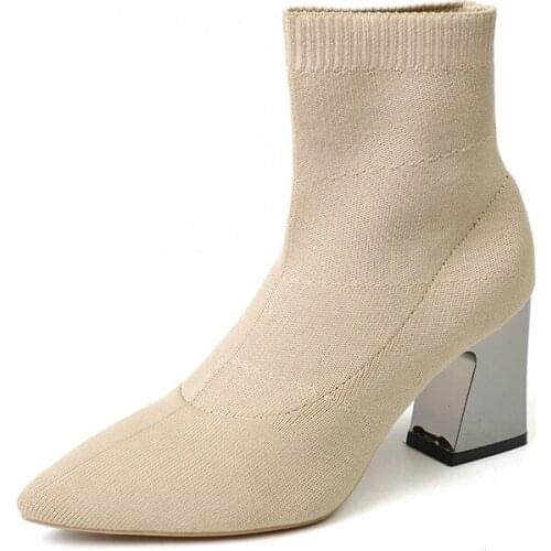 Martin Boots Korean Version Of Stretch Knit Black Thin Shoes Thick High Heel Womens Boots Temperament Pointed Socks Shoes