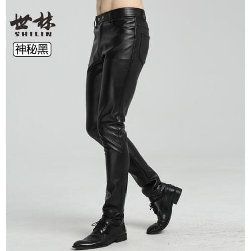 Plus velvet fashion motorcycle faux leather pants mens feet pants Tight pu trousers for men pantalon homme black korean black