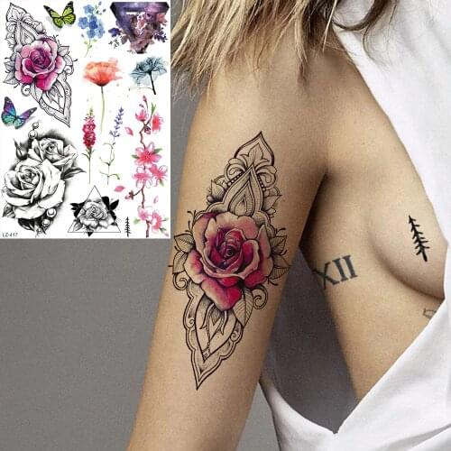YURAN Flash Fake Purple Bracelet Rose Tattoos Stickers Black Sketch Geometry Flower Temporary Tattoos Women Girl Waterproof Tato