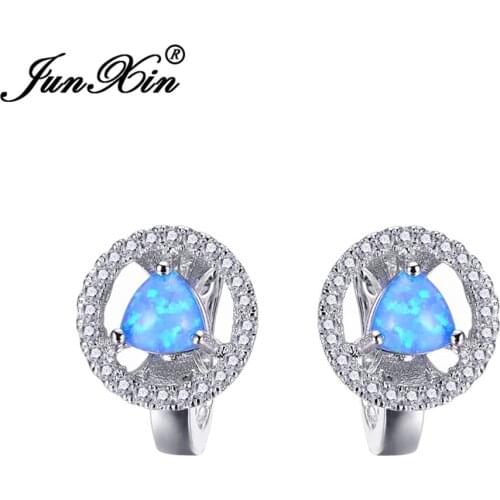 JUNXIN Women Blue Round Fire Opal Earring Silver Color Hoop Earrings For Women Fashion Jewelry Double Earrings