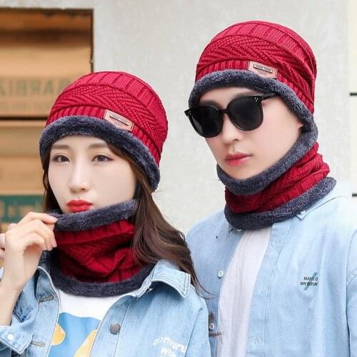 Hot Selling 2pcs Ski Cap and Scarf Cold Warm Leather Winter Hat for Women Men Knitted Hat Bonnet Warm Cap Skullies Beanies