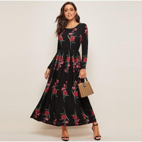 Fashion Muslim Women Dress Floral Print Dubai Arab Abaya Duabi Arabic Turkey Moroccon Kaftan Islamic Clothing India Gown Robe