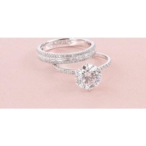 2 Pcs/Set Trendy Clssic Round Zircon Silver Color Wedding Rings For Women Female Bride Jewelry Engagement Party Valentine Gifts