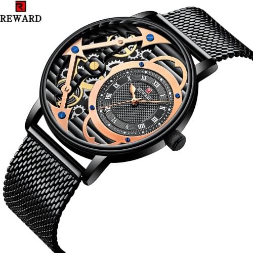 REWARD Top Luxury Brand Mens Watch Fashion Skeleton Watch Men Watch Waterproof Stainless Steel Male Clock Relogio Masculino