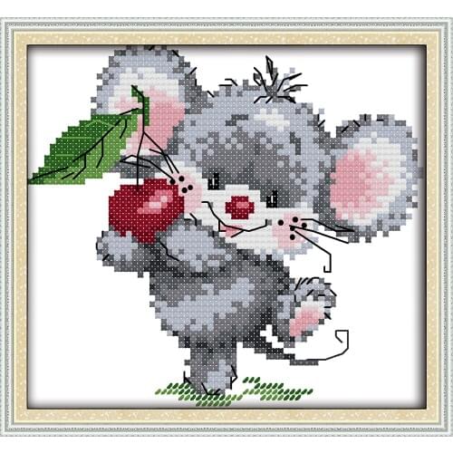The little mouse picking cherries cross stitch kit animal set 14ct 11ct printed canvas embroidery DIY handmade needlework plus
