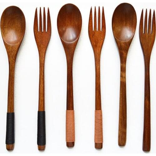 Set of 2 Wooden Spoon Fork Set Long Handle Japanese Wood Soup Spoon Dinner Salad Fork Kids Outdoor Cutlery Kitchen Flatware Set