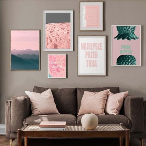 Wall Art Canvas Painting Pink Flower Bloom Moon Pictures Nordic Mountain Sunrise Posters And Prints For Living Room Decor