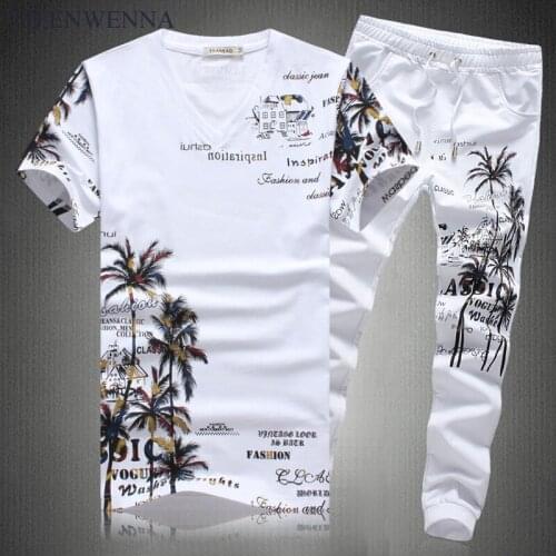 New Fashion Autumn Long Sets Men Casual Coconut Island Printing Suits for Men Chinese Style Suit Sets T Shirt + Trousers M-5XL