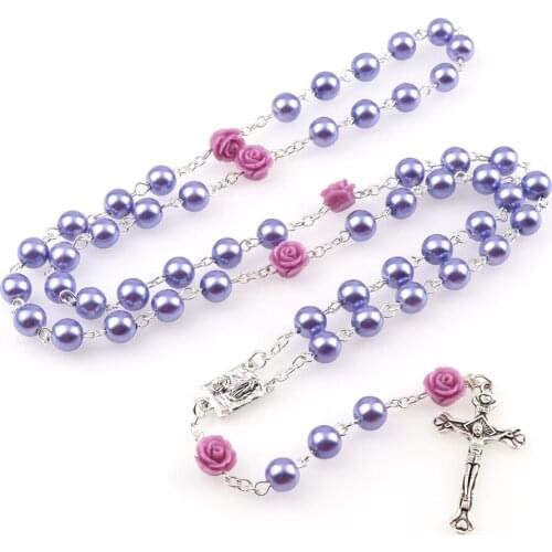 8mm Pink Purple White Color Pearl Bead Rosary Necklace Holy Rosaries Necklace With Rose Flower Silver Cross Lourdes Rosary
