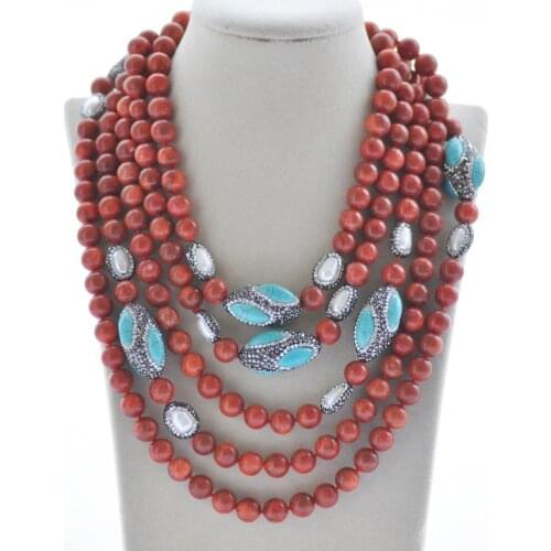 MCT·STAR Z10316 50"-100" Red Coral 30mm Turquoise Shuttle Pearl CZ Necklace