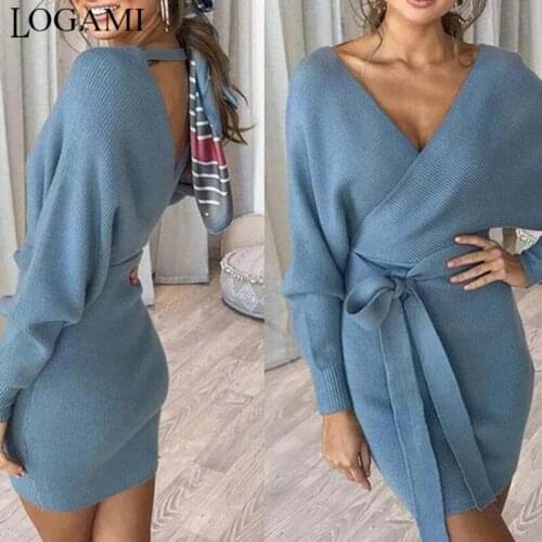 LOGAMI V Neck Bodycon Sweater Dress Women Autumn Winter Backless Sweaters for Women Knitted Dresses