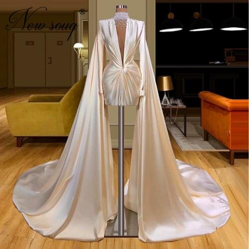 Sexy Satin Evening Dress 2020 Turkish Arabic Robe De Soiree Long Sleeve Prom Dresses Beads Party Night Gown Saudi Arabia Evening