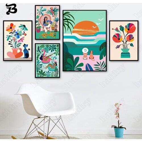 Free Time Wall Art Canvas Painting Nordic Colorful Posters and Prints Girls Dog Flower Pool Party Wall Pictures Home Decoration
