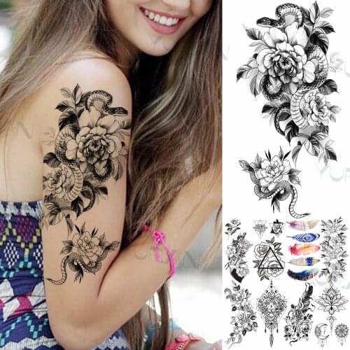 Washable Snake Flower Temporary Tattoos For Women Men Adult Fake Feather Gun Tiger Tatoo Serpent Moon Sun Tattoo Sticker