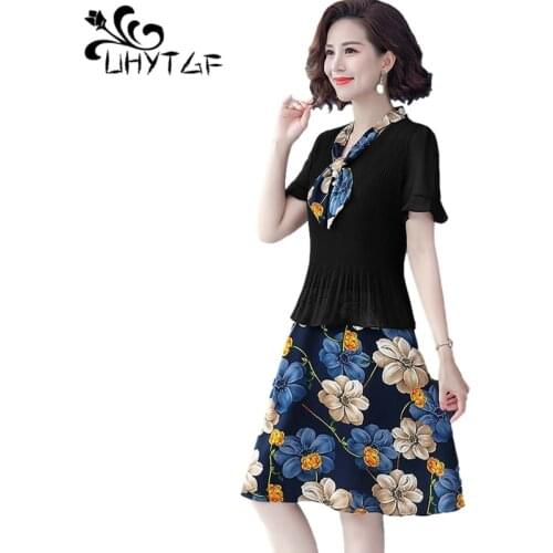 UHYTGF Mother Summer Dress Fashion Fake Two Piece Printed Chiffon Dress Short Sleeve Pullover Loose 5XL Plus Size Dresses 1347