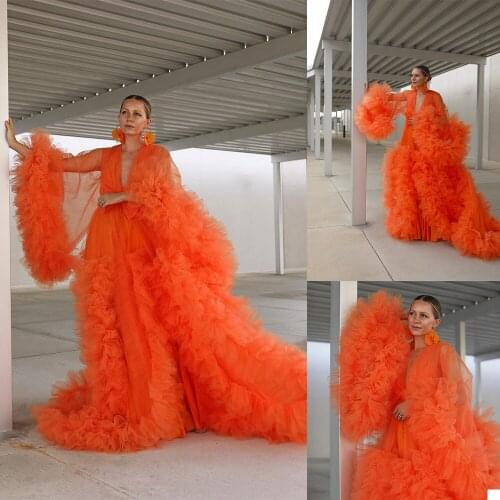 Unique Orange Photo Shoot Evening Dresses Sexy Long Sleeves Ruffles Tulle Pregnant Women Cape Dress Maternity Baby Shower