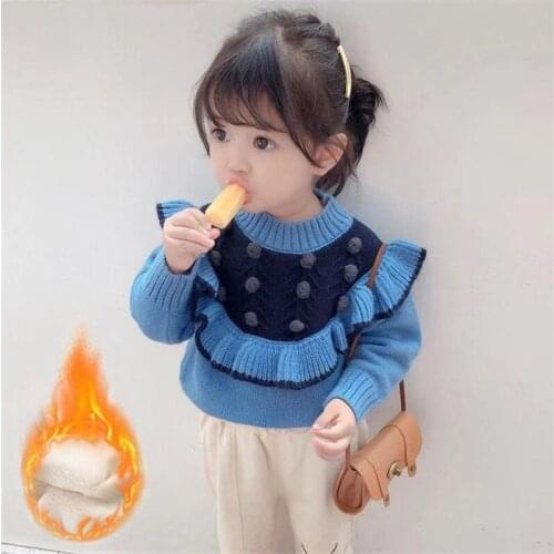 New Spring Winter Warm Knitting Girls Sweater Kids Toddler Teens Red Blue Plus Velvet Tops Long Sleeve Children High Quality