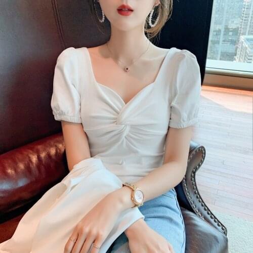 T-shirt Women Short-sleeved Short Summer Dress 2021 New Tight-fitting Clavicle French Square Neck Puff Sleeve Top