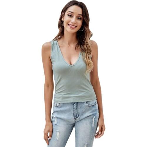 Womens Summer Sexy V-Neck Rib Solid Color Stretch Vest Slim Fit T-Shirt With Sleeveless Strap Sleeve Casual Versatile Tank Top