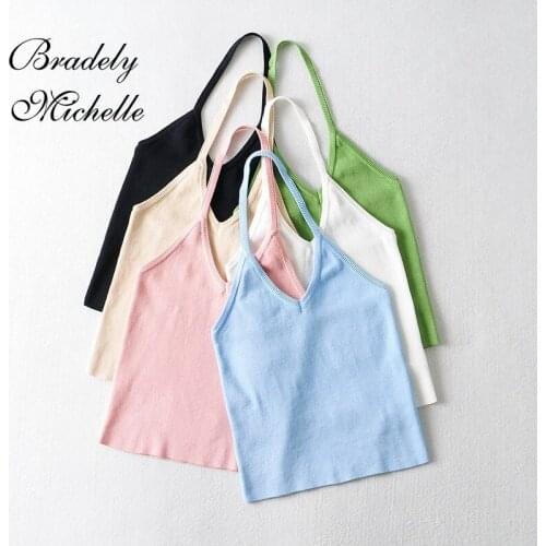 BRADELY MICHELLE 2021 Summer Women V-Neck Solid Single Sling Sexy Crop Top Streetwear Club Sleeveless Vest Camis