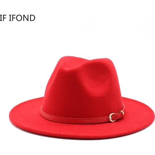 Female Fashion Top Hat Wool Jazz Fedora Hat Winter Autumn Wide Brim Vintage Church Red Hats