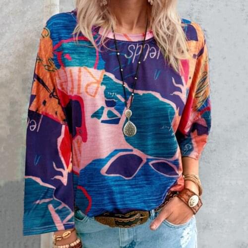 Women Autumn Long Sleeve T Shirt Map Graffiti Print Round Casual Loose Plus Size Womens T-shirt Fall Basic Tops Ropa Mujer Tees
