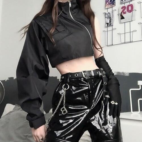 NCLAGEN Gothic Cool Lady Stylish Zip Up Crop Top Hoodies With Gloves Women Turtleneck Punk Black Sweatshirt Hip Hop Outfits