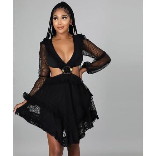 2021 Best Quality Fashion Design Dress Solid Hollow Out Ruffles V-neck Long Sleeve Sexy Club Midi Dress Vestidos
