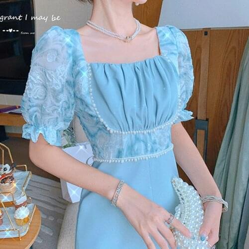 Women Dresses for Women Summer 2021 Vestido De Mujer Korean Fashion Green Beading Flare Sleeve Square Collar Chiffon short 0665