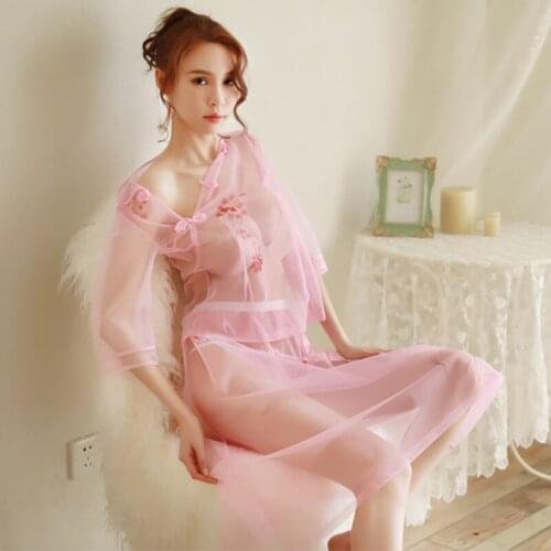 2020 Sexy temptation high-end mesh printing split Republican students cheongsam transparent long skirt emotional underwear 1