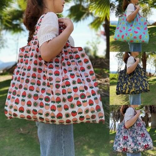 Big Size Thick Polyester Large Tote ECO Reusable Polyester Portable Shoulder Women Handbags Folding Pouch Shopping Bag Foldable