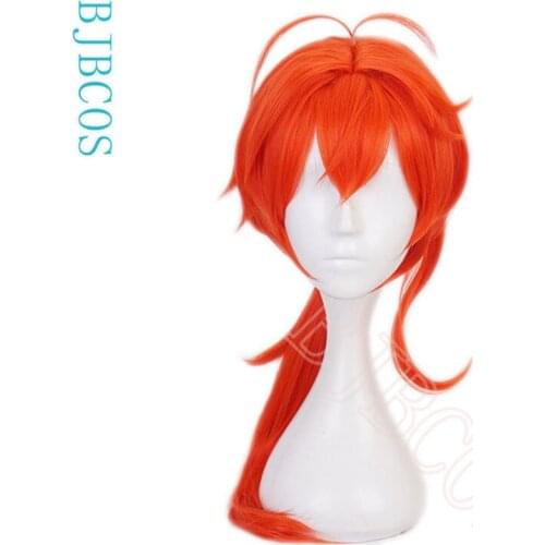 Game Genshin Impact Diluc Cosplay Wigs Red Long Cosplay Wig Ponytail Wigs Heat Resistant Synthetic Hair Halloween