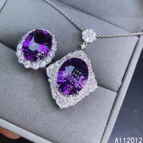 KJJEAXCMY fine jewelry natural Amethyst 925 sterling silver fashion girl new pendant necklace ring set support test with box