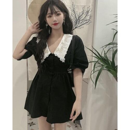 Summer 2021 Retro French Style Black Color Lace Doll Collar Bubble Short Sleeve Dress For Girls Teens 14 16 Years Old Wear