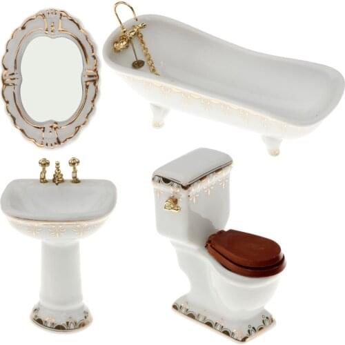 4 PCS Porcelain Bathroom Furniture Set (Bathtub Toilet Sink Mirror) Dollhouse
