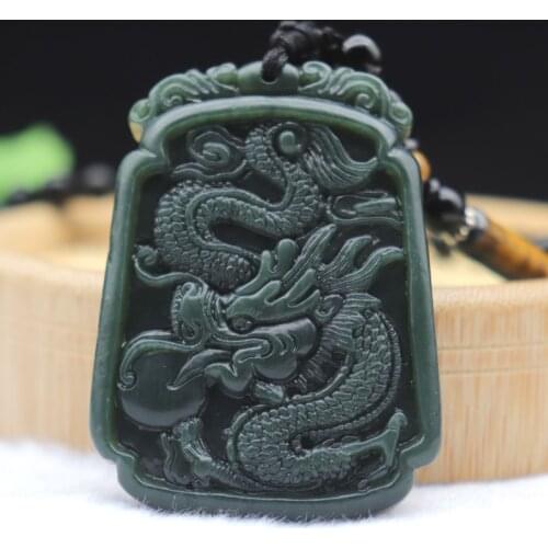 Natural Hand Carved Pendant Green Hetian Nephrite Jade Dragon Amulet Necklace With Beads Chain Men Womens Qing Yu Lucky Jewelry
