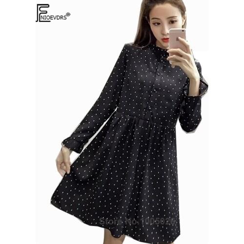 Autumn Dresses Basic Wear Women Fashion Long Sleeve A Line Cute Sweet Girls Flare Sleeve Black Polka Dot Shirt Dress 8106