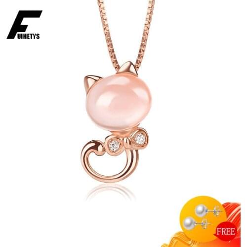 Trendy 925 Silver Jewelry Necklace Cat Shape Rose Quartz Zircon Gemstone Pendant Accessories for Women Wedding Engagement Party