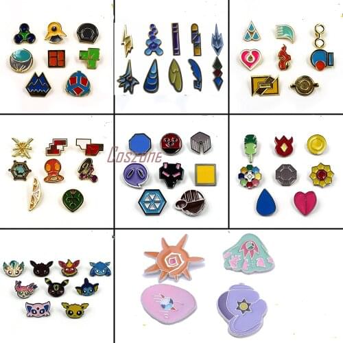 Poke Gym Badges Kanto Johto Hoenn Sinnoh Unova Kalos League Region Pins Brooches Set Pocket Monster