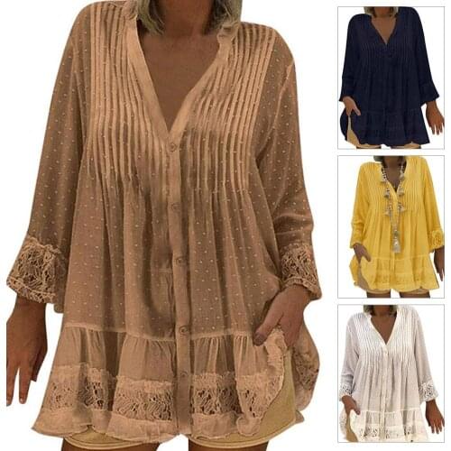 S-5XL Women Blouses Fashion Long Sleeve Casual Women Autumn Lace Stitching Pleated Buttons Loose Plus Size Shirt Blouse Hot Sale