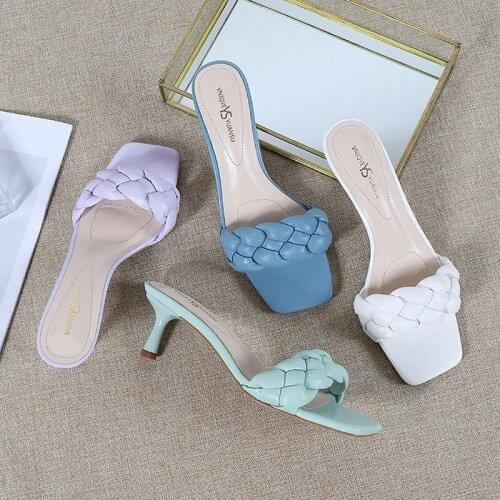 Firowe Women Fashion Low Heel Stiletto Sandals Summer New Woven Square Toe designer slides summer slipper