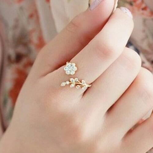 Korean Fashion Style Crystal Ring Twisted Leaves Wishful Flowers Open Ring Extravagance Female Index Finger Ring