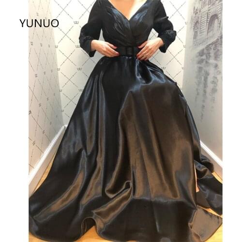YUNUO V Neck Black Evening Dresses Sexy Slit Long Sleeve вечерние платья A-Line Party Prom Gowns vestido de festa Floor Length