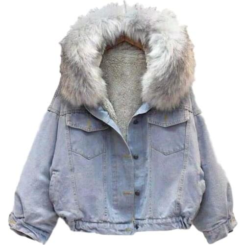 Idopy Women`s Denim Jacket With Fleece Lined Fur Collar Loose Fit Winter Thermal Warm Jeans Jacket and Coat For Female