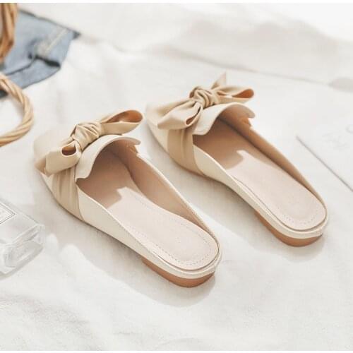 Women Flat Shoes with Bows, Lazy Casual Mules, Fashionable Half Shoes (Square Toe)